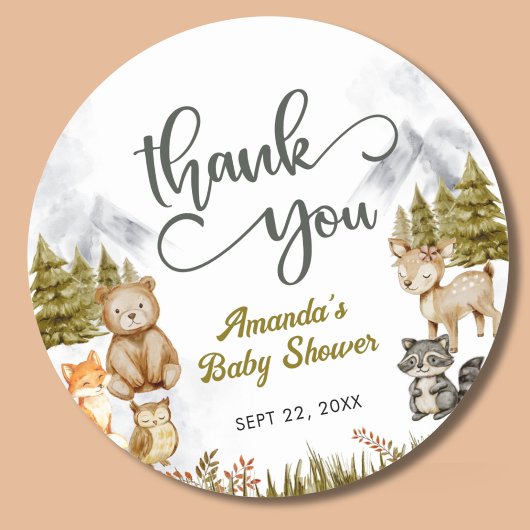 Woodland Thank You Forest Animals Baby Shower ラウンドシール