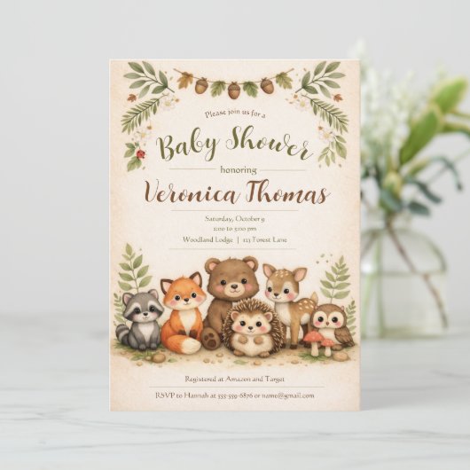 Woodland Theme Adorable Forest Animals Baby Shower 招待状 (スタンド正面)