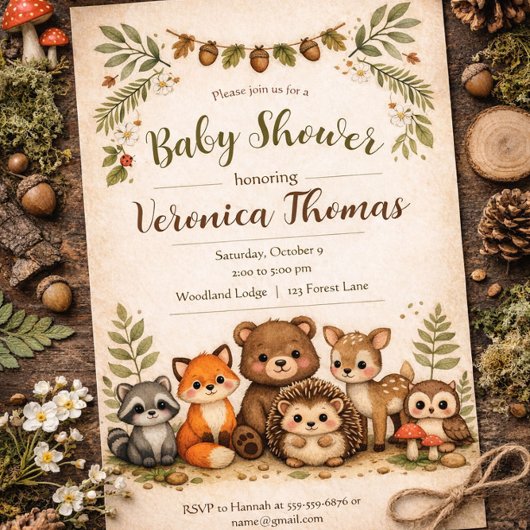 Woodland Theme Adorable Forest Animals Baby Shower 招待状