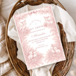 Woodland Toile Baby Shower 招待状<br><div class="desc">A soft and elegant baby shower design featuring delicate vintage-style blush pink toile illustrations. The frame is adorned with charming lambs, florals, celestial accents, and a romantic bow, creating a timeless storybook nursery aesthetic. Perfect for a classic, feminine celebration with a refined heirloom feel. The gentle pink palette and detailed...</div>