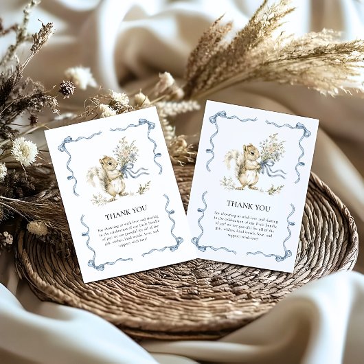 Woodland Watercolor Blue Ribbon Squirrel Baby  サンキューカード