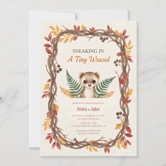 Woodland weasel baby shower 招待状 (正面)