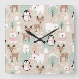 Woodland Whimsical Forest Animals Winter スクエア壁時計