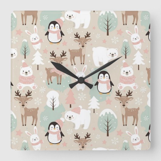 Woodland Whimsical Forest Animals Winter スクエア壁時計 (正面)