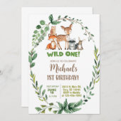 Woodland Wild One boy 1st birthday invitation. 招待状 (正面/裏面)