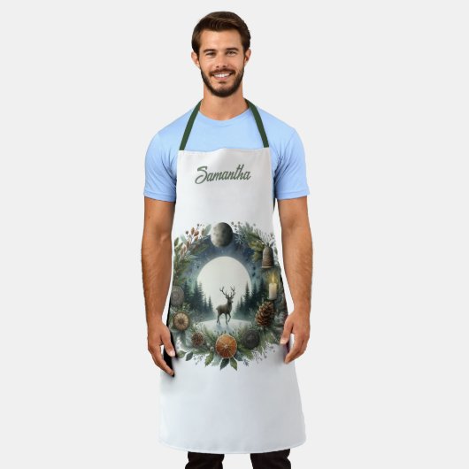 Woodland Wreath with Deer Moon エプロン (着用した状態)