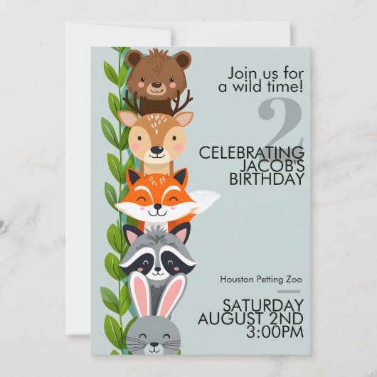 Woodland Zoo Animal Birthday Invitation 招待状 (正面)