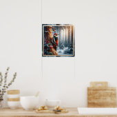 Woodpecker sits on a tree trunk ポスター (キッチン)