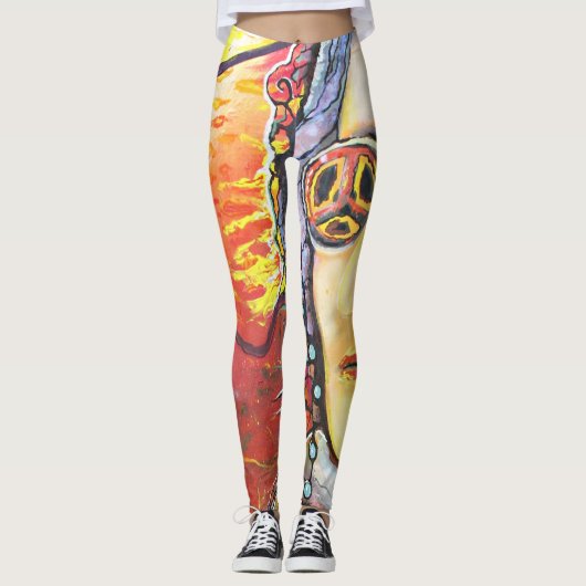 Woodstock Leggins mit Lennon-Peace-Flower-Power レギンス (正面)
