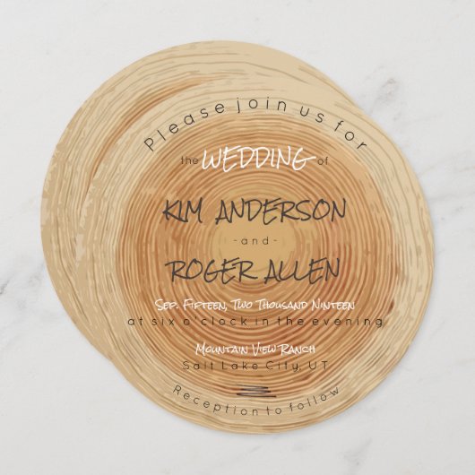 Woodsy素朴 Tree Trunk Sliceユニーク's(木の幹のスライス) 招待状 (正面/裏面)