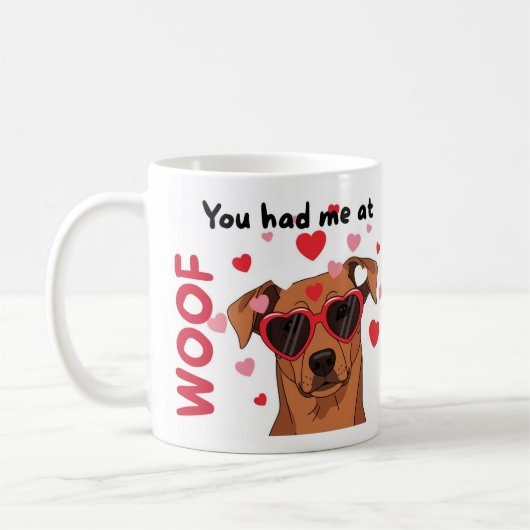 WOOFで恋に落ちた かわいい犬のバレンタインマグ コーヒーマグカップ (左)