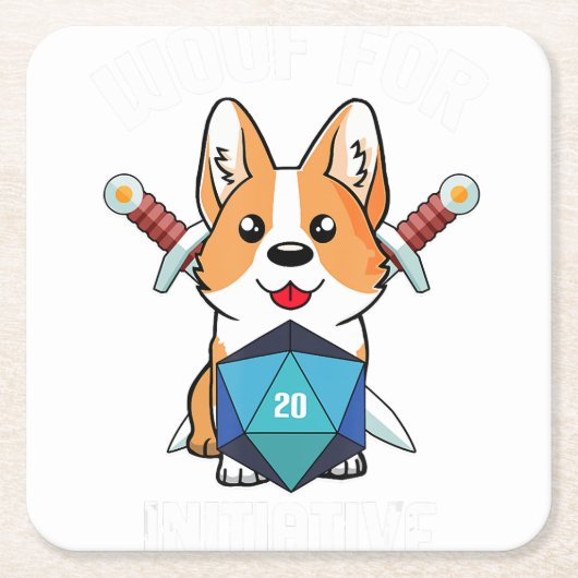 WoofイニシおもしろいアティブCorgi Dog D20 RPGゲーマーGIF スクエアペーパーコースター (正面)