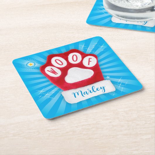 WOOFドッグの名カスタマイズ前レッドクリスマスサンタポー スクエアペーパーコースター (アングル)