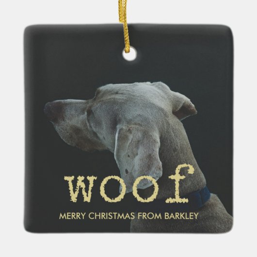 Woof inヴィンテージ金ゴールドタイプライター文字for Dog Photo セラミックオーナメント (正面)