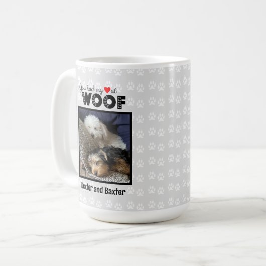 Woof Photo Dogで私のハートを名前をカスタムするした コーヒーマグカップ (正面左)