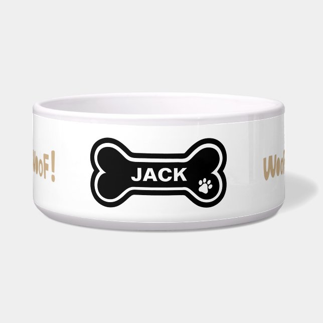 Woof、Woof Pawプリントとハート パーソナライズされた ボウル (正面)