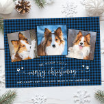 Woof You Merry Christmasカスタム Dog Photo Collage シーズンカード<br><div class="desc">特に祝愛犬家向けユニークにデザインされた私たちの"We Woof You a Merry Christmas"カードでホリデーシーズン！この写真スタイリッシュコラージュのカードは魅力的、フェスティバルの挨拶に素朴な国の魅力のtouchをもたらすのに最適なモダン、農家の美意識を具現化した青い格子状の背景を備えている。複数の写真のための宇宙を使用して、あなたの愛する家族の犬や子供を紹介し、おもしろいの精神と団結をキャプチャすることができる。そしてよくはしゃぐデザインユーモアのあるは、友人や家族の顔にスマイルをもたらすことを確実にし、任意のホリデーカードコレクションに忘れられない追加にする。このクリスマスを愛する友よユニークりも大切なカードで楽しんで！</div>