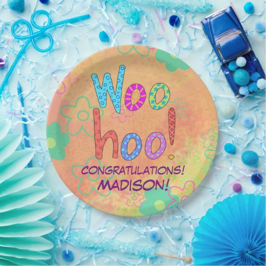Woohoo Word Art Nameおめでとうございますパーソナライズされた ペーパープレート (パーティー)