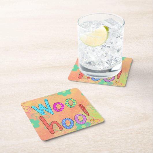 WooHoo Word Texアートグラフィックオレンジ スクエアペーパーコースター (インサイチュ)