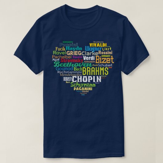 WordクラウドハートクラシカルMusic Composer先生 Tシャツ (デザイン正面)
