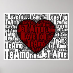 Word Art: "I Love You" 3 languages -赤いハート ポスター