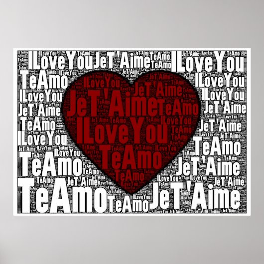 Word Art: "I Love You" 3 languages -赤いハート ポスター (正面)