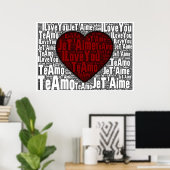Word Art: "I Love You" 3 languages -赤いハート ポスター (ホームオフィス)