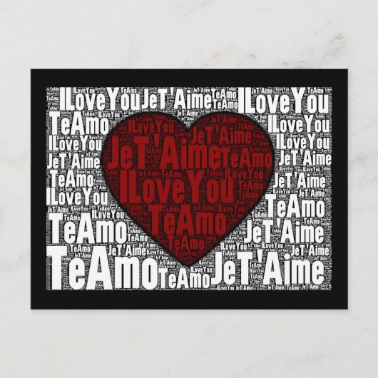 Word Art: "I Love You" 3 languages -赤いハート ポストカード (正面)