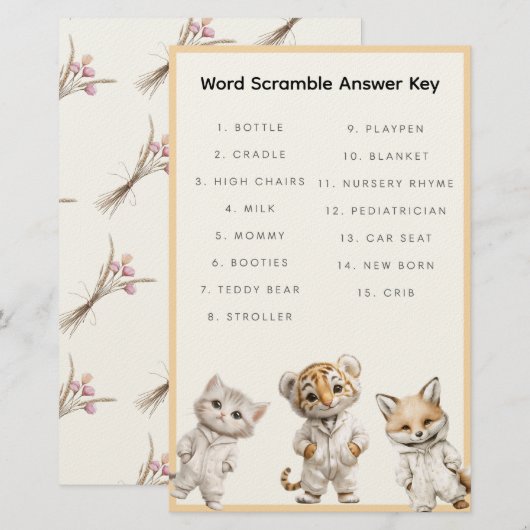 Word Scramble Answer Key Whimsical Pajama Animals 便箋 (正面/裏面)