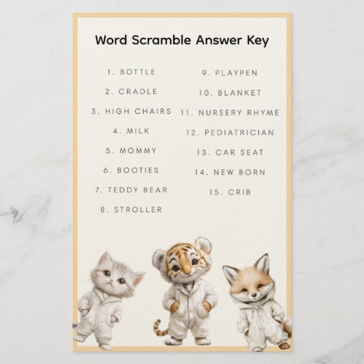 Word Scramble Answer Key Whimsical Pajama Animals 便箋 (正面)