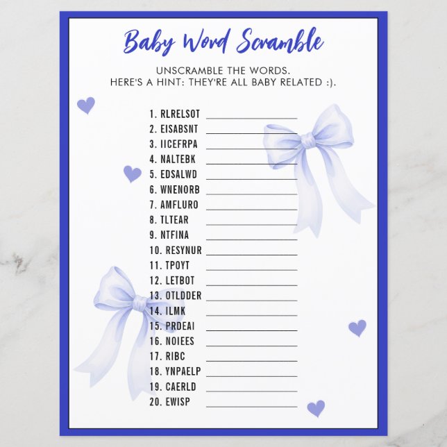 Word Scramble Baby Shower Game Blue Bow Ribbon (正面)
