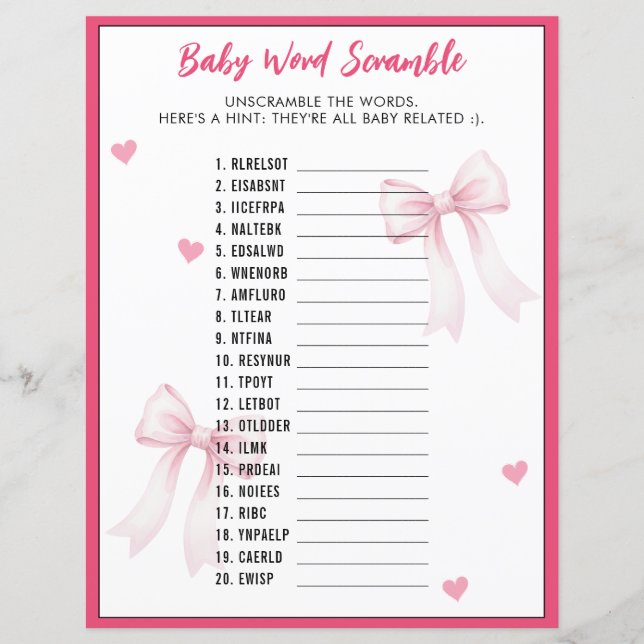 Word Scramble Baby Shower Game Pink Bow Ribbon (正面)