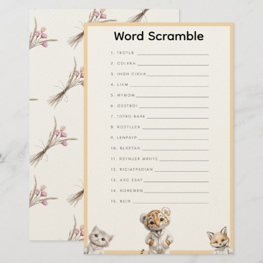  Word Scramble Whimsical Pajama Animals 便箋 (正面/裏面)
