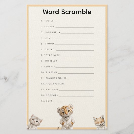  Word Scramble Whimsical Pajama Animals 便箋 (正面)