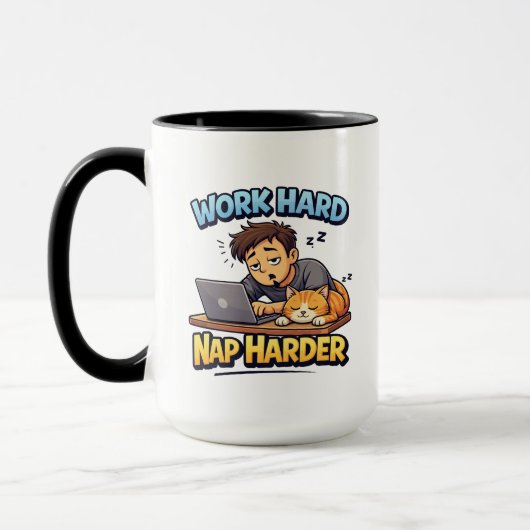 Work Hard Nap Harder Cat Funny Motivational Cartoo マグカップ (左)