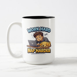 Work Hard Nap Harder Dog Funny Motivational Cartoo ツートーンマグカップ