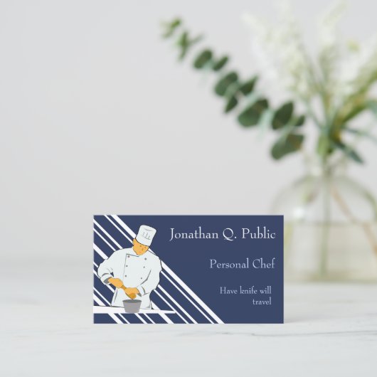 Working Chef Blue Background白ストライプ色 名刺 (スタンド正面)