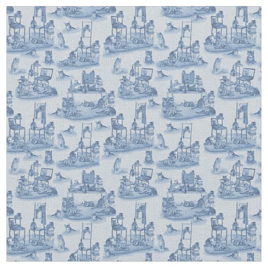 Working from Home with my Cats two tone Delft Blue ファブリック (クローズアップ)