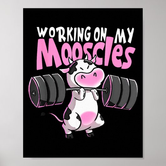 Working On My Mooscles Funny Gym Cow Weightlifting ポスター (正面)