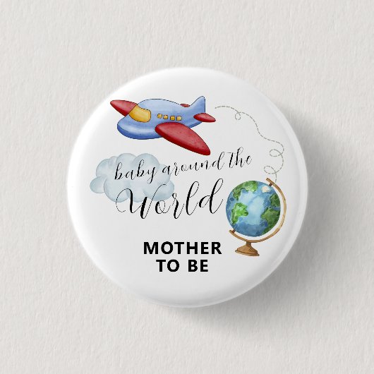 World Map Airplane Mother To Be Baby Shower 缶バッジ (正面)