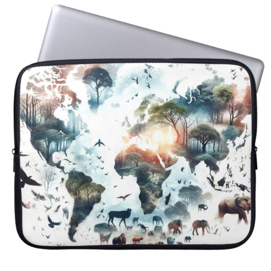World Map and AnimalsノートPCケース ラップトップスリーブ (正面)