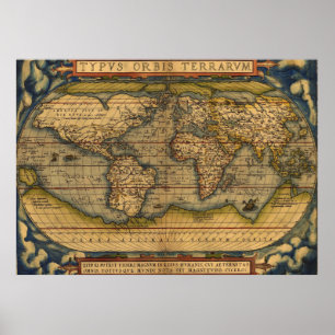 World Map Antique Ortellius Europe Travel ポスター
