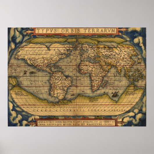 World Map Antique Ortellius Europe Travel ポスター (正面)