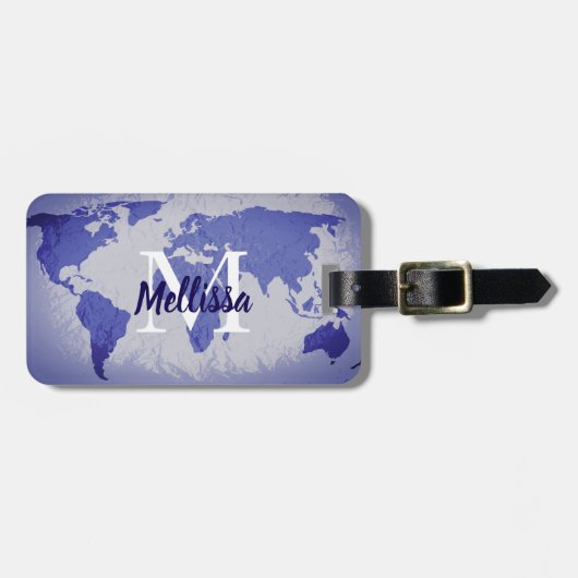 World Map Blue Artsy Monogram Name Gift Favor ラゲッジタグ (正面横)