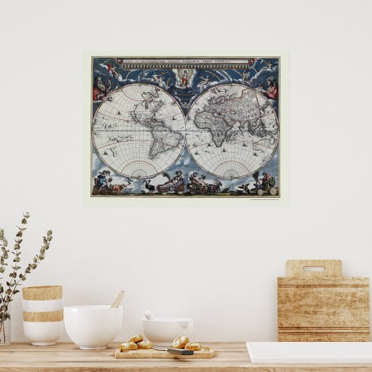 World Map by Joan Blaeu - 1664 ポスター (キッチン)