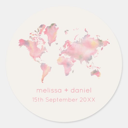World Map in Pink Shades for Destination Wedding ラウンドシール (正面)