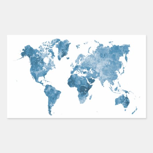 World map in watercolor 09 Blue 長方形シール (正面)