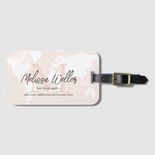 World Map Pale Blush Rose Traveler Monogram ラゲッジタグ (正面横)