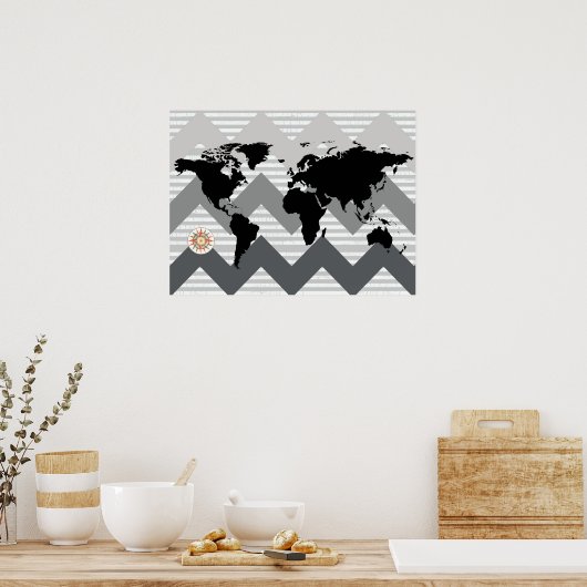 world map with chevron stripes ポスター (キッチン)