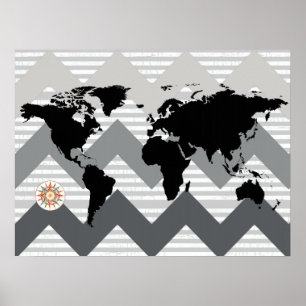 world map with chevron stripes ポスター